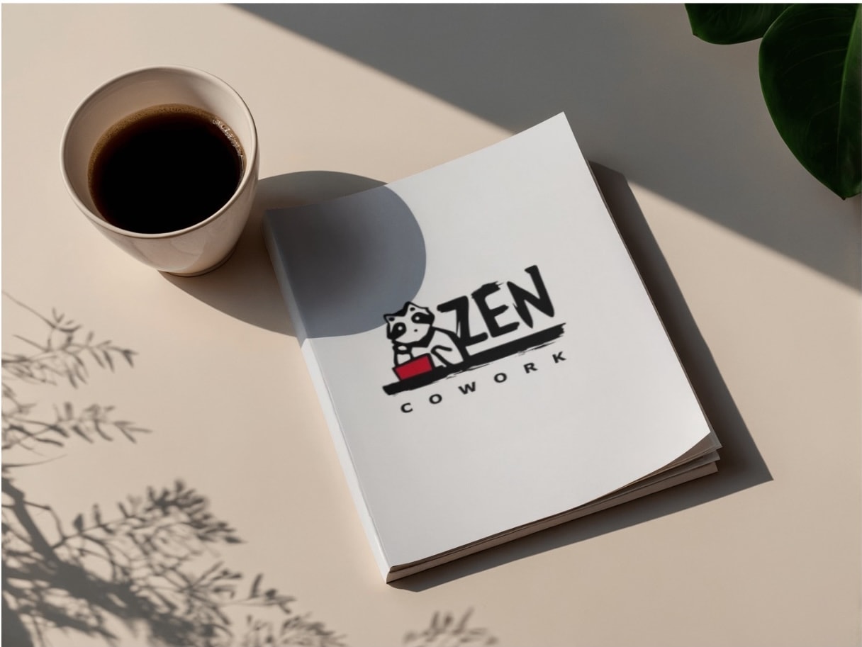 Zen Cowork branding mockup with a tanuki logo on a notebook beside a cup of coffee