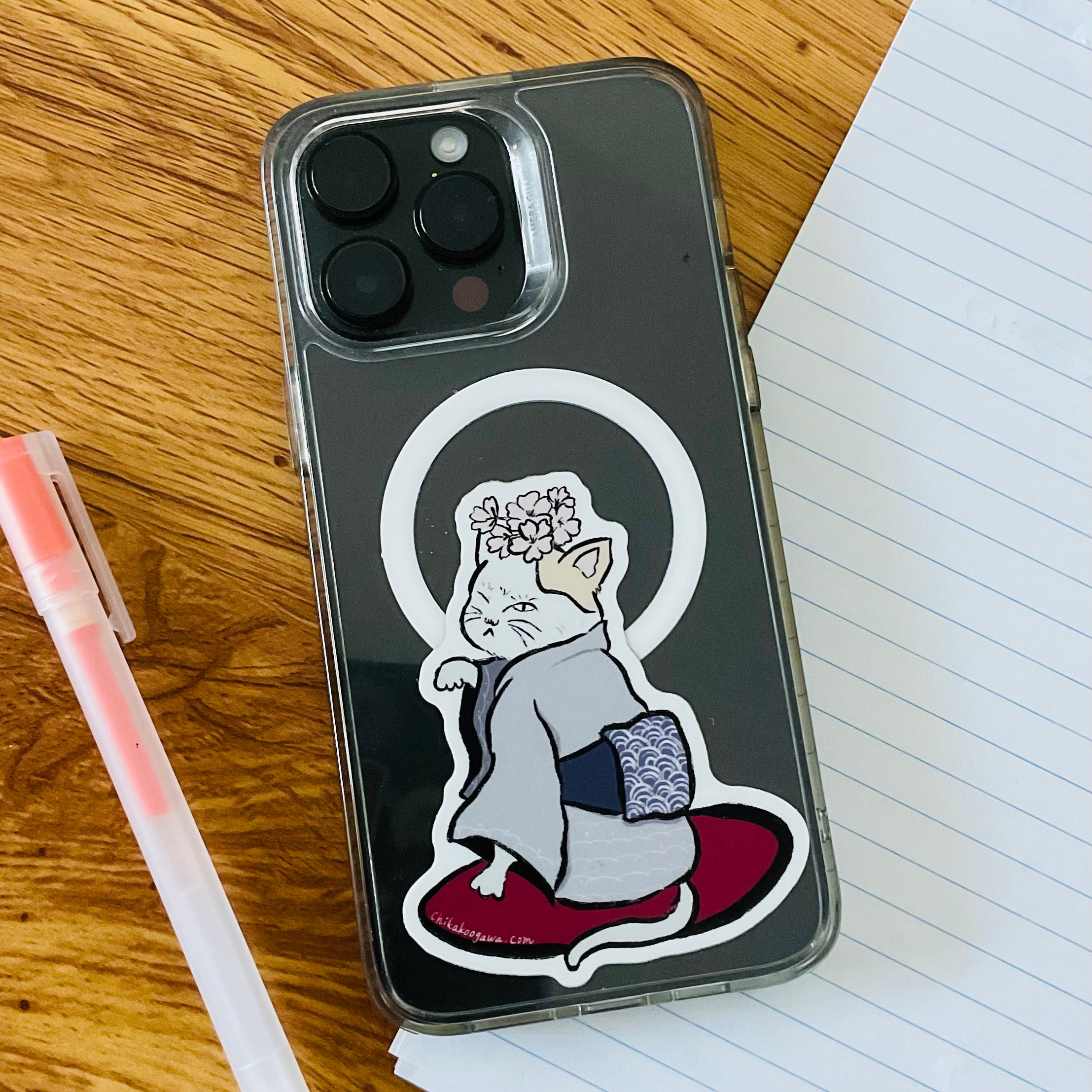 Phone case sticker illustration of a cat wearing a floral crown and kimono